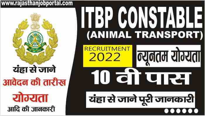 ITBP Constable (Animal Transport) Recruitment 2022 आईटीबीपी ने कांस्टेबल पशु परिवहन के 52 पदों पर जारी किया भर्ती का नोफिकशन जारी
