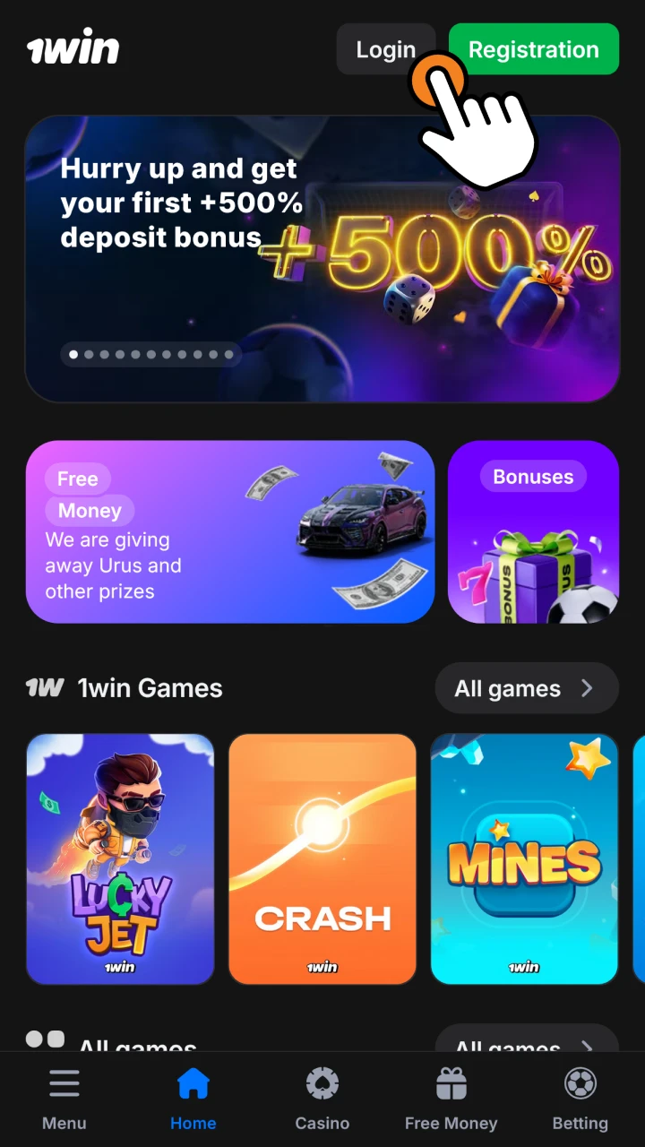 Log into your 1win account or register a new one.