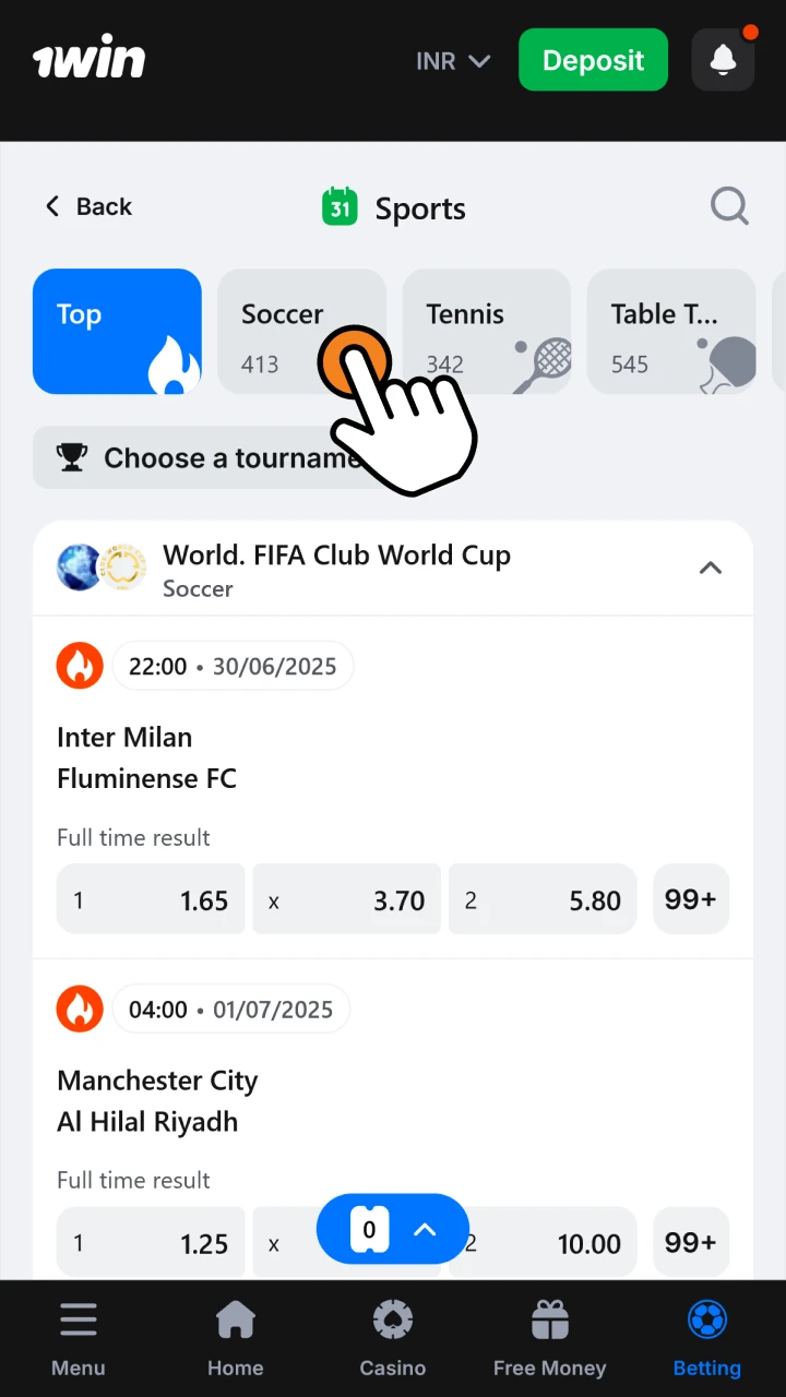Select a sport to bet on from the options offered by 1win.